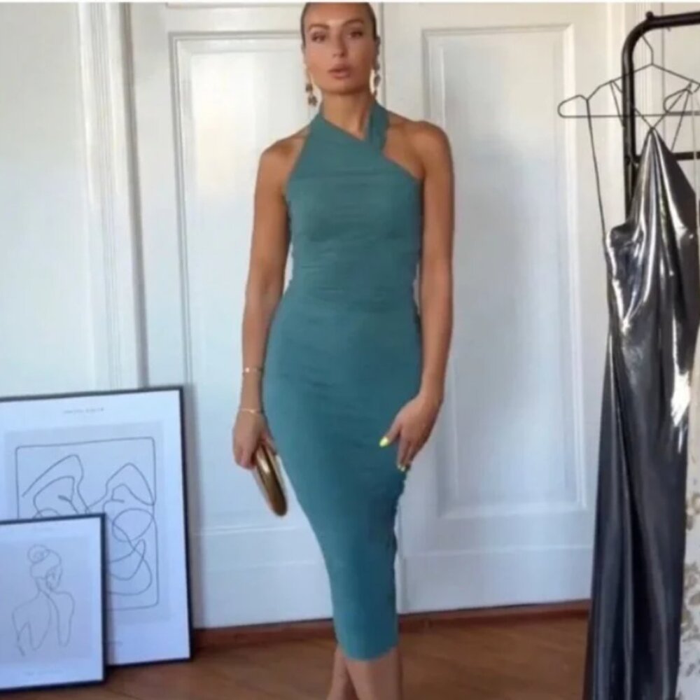 NEW ZARA Fitted Organza  Halter Midi Dress in Green, Size S